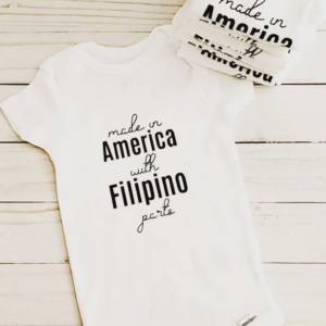 Made in America with Filipino Parts, Gerber Onesie, Filipino funny statement, Baby onesies for boys and girls.